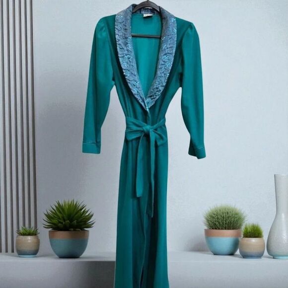 Vintage Maggie McQuade Long Teal Green Get Ready Robe Embroidered Collar Pockets - Picture 3 of 14